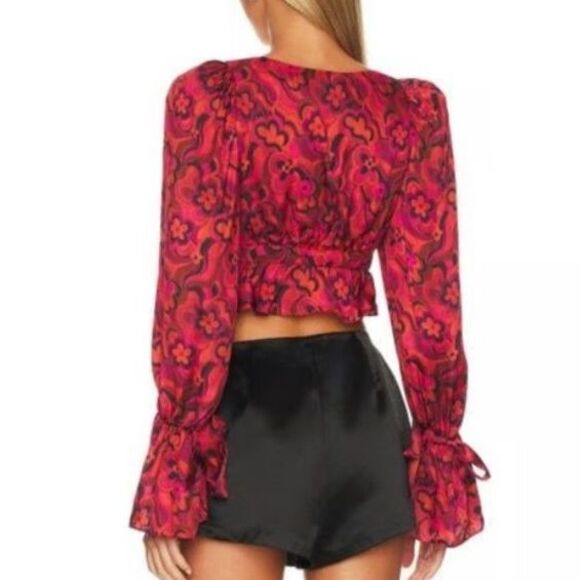 For Love & Lemons NWT Davina Pink Red Floral Plunge Tie Front LS Top Size XS - Picture 2 of 15